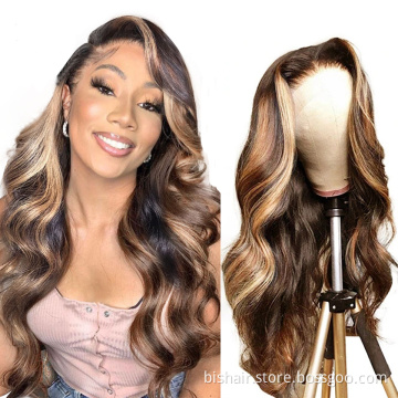 BIS Wholesale 4/27 Highlight Body Wave Human Hair Wig Honey Blonde Lace Front Wigs For Black Women with 4x4 Lace Wigs